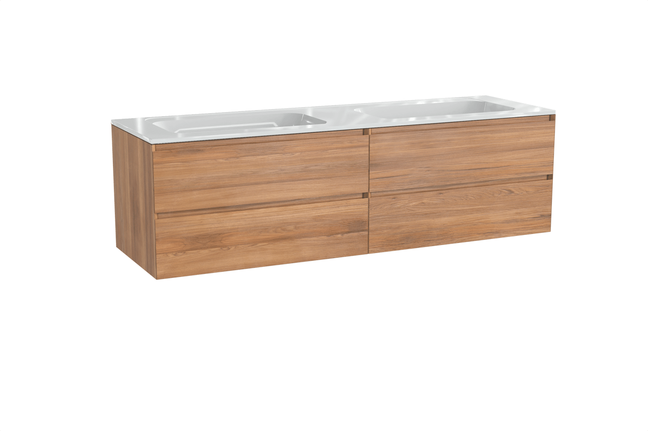 Balmani Mitra hängendes Möbelstück Set: 180 x 55 cm, Teak, mit Tablo Strada Doppelwaschtisch, Marmorkomposit Weiß glänzend