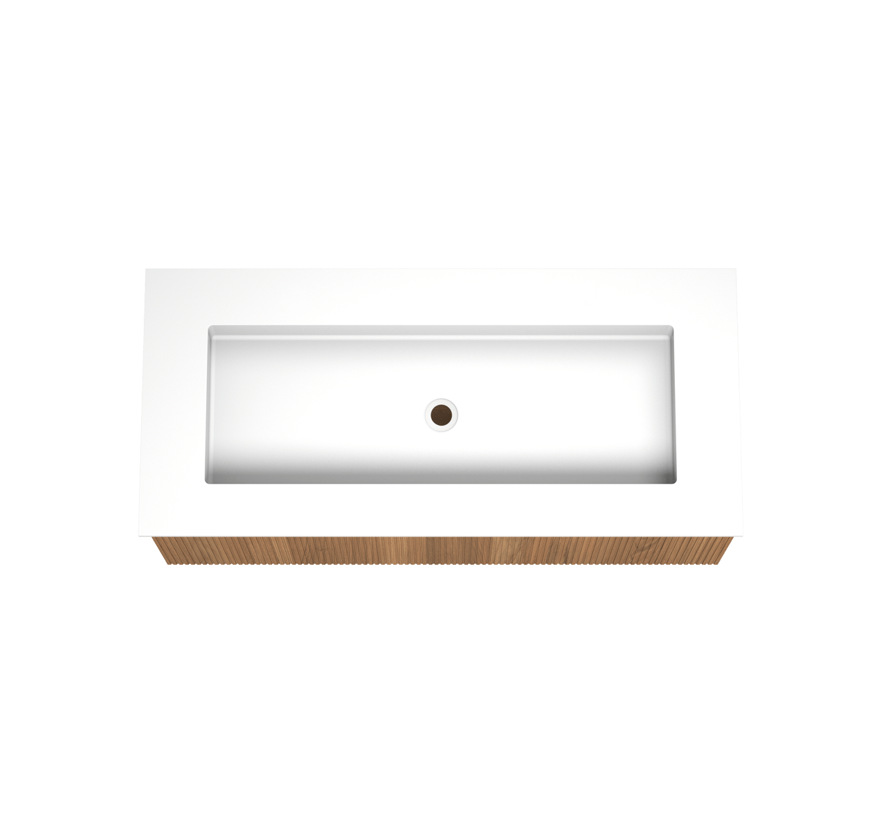 Balmani Forma zwevend badkamermeubel 120 x 55 cm teak met Tablo Stretto enkele wastafel voor 2 kraangaten in solid surface mat wit, Verticale symmetrische rechte ribbel