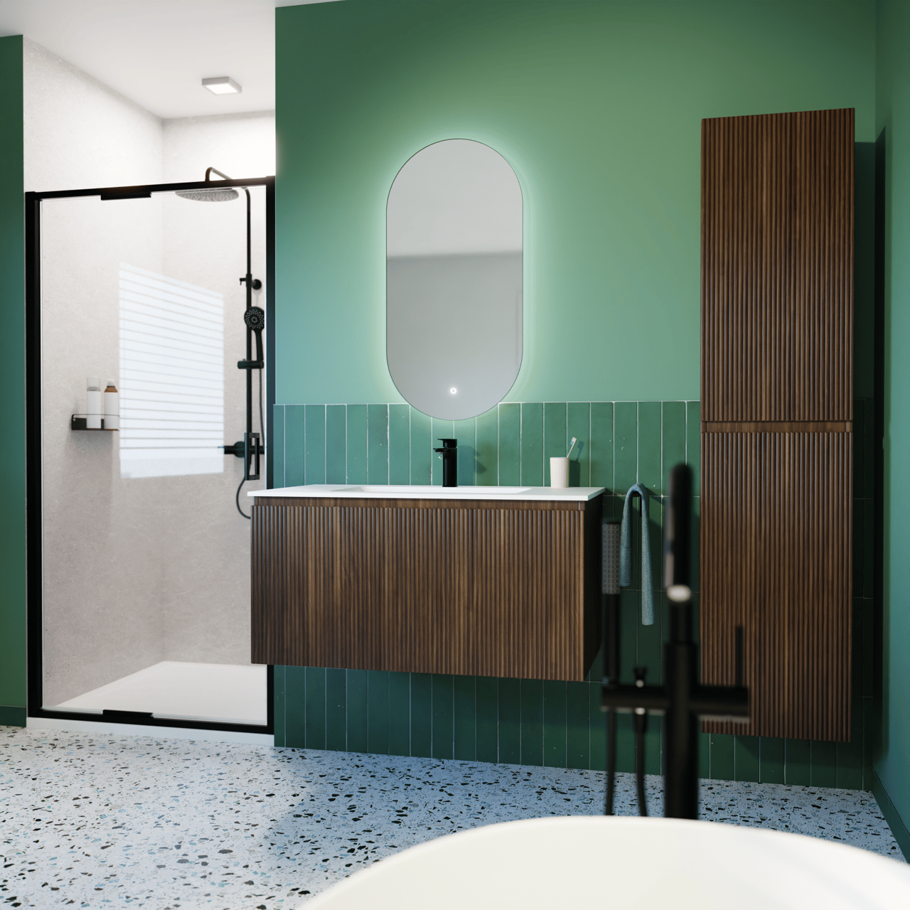 Storke Ribs zwevend badmeubel 95 x 52 cm notenhout met Mata enkele wastafel in solid surface mat wit, Verticale symmetrische rechte ribbel