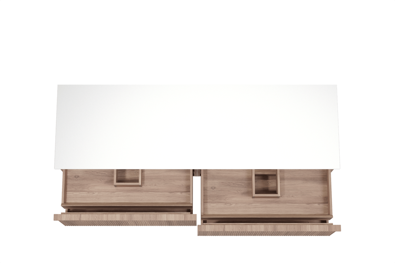 Balmani Forma hängendes Möbelstück Set: 180 x 55 cm, Teak, mit Stretto Einzel- oder Doppel Waschtischplatte, Solid Surface, Weiß matt, Vertikale symmetrische gerade Rippe