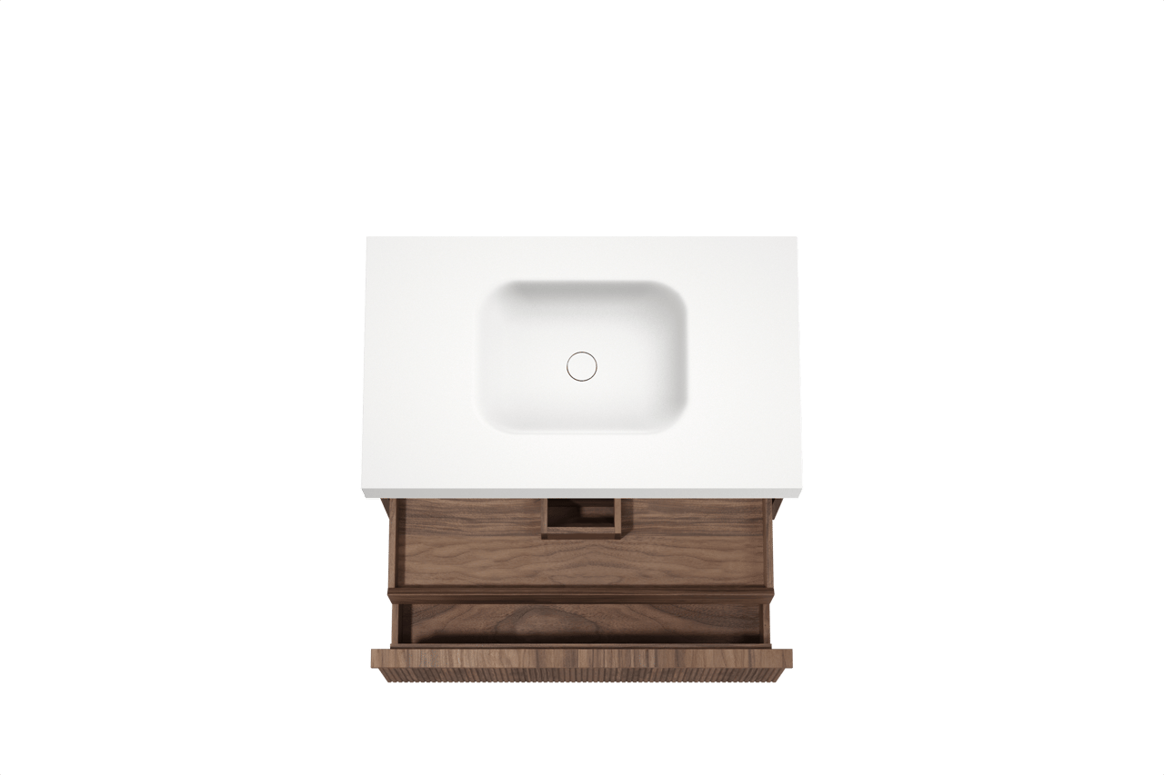 Balmani Forma meuble salle de bains suspendu 90 x 55 cm noyer américain avec Arcato plan simple en solid surface blanc mat, Nervure droite symétrique verticale