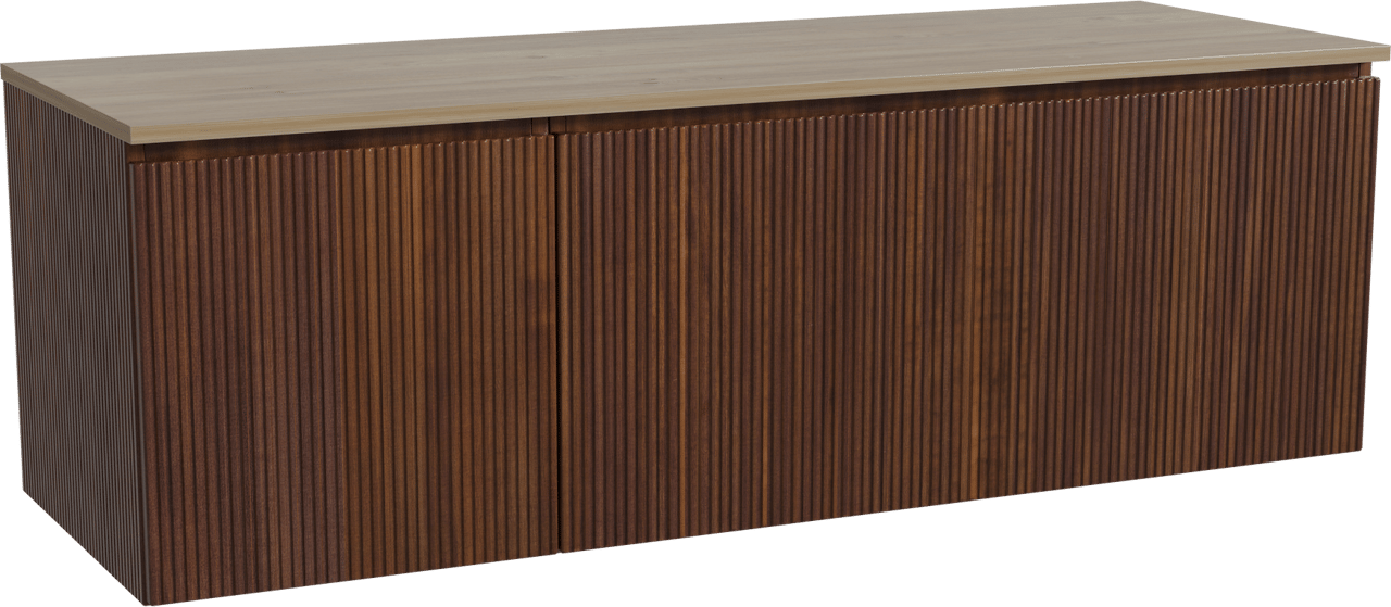 Storke Ribs zwevend badmeubel 150 x 52 cm notenhout met Panton enkel of dubbel wastafelblad in melamine ruw eiken, Verticale symmetrische rechte ribbel