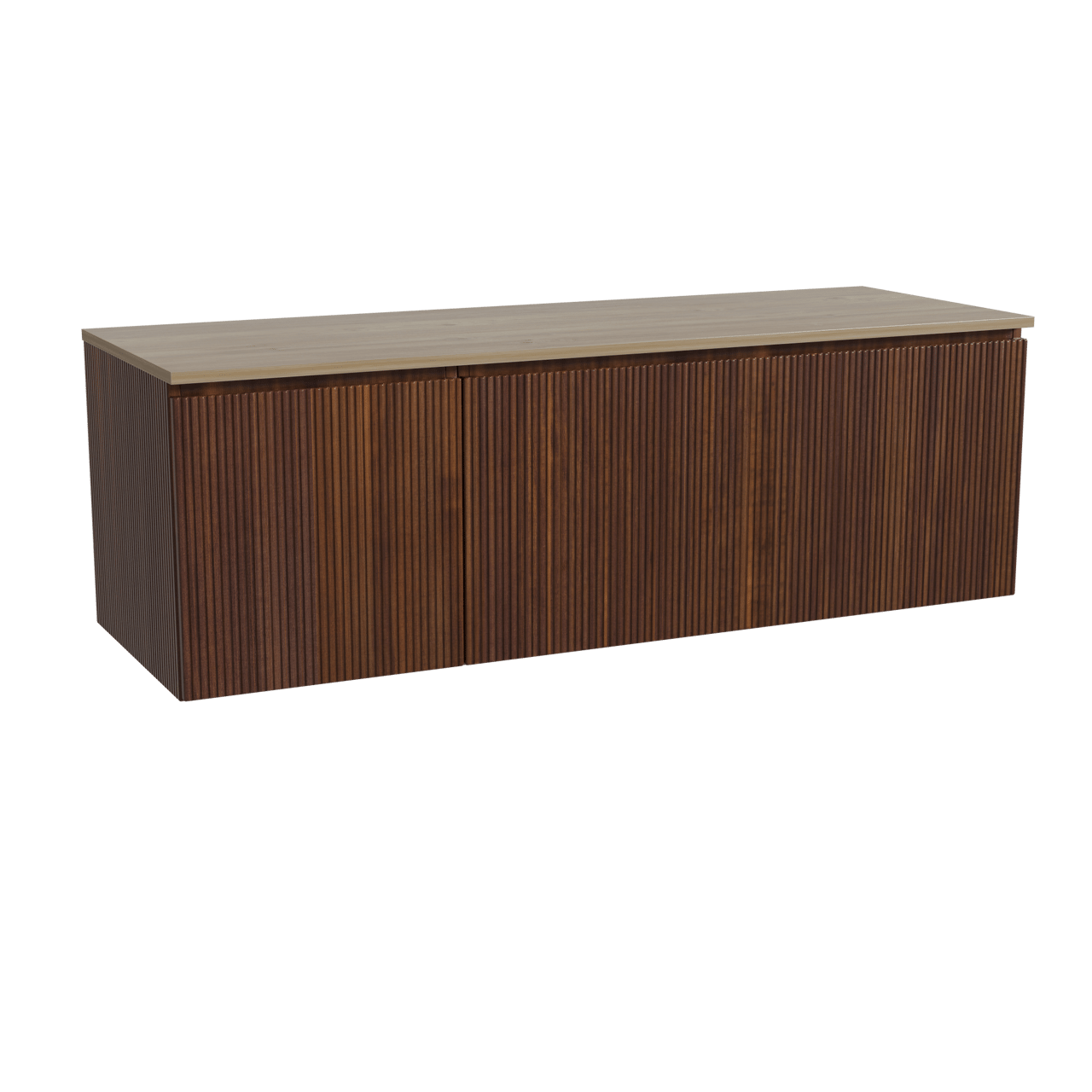 Storke Ribs meuble salle de bains suspendu 150 x 52 cm noyer avec Panton tablette simple ou double en mélaminé chêne brut, Nervure droite symétrique verticale