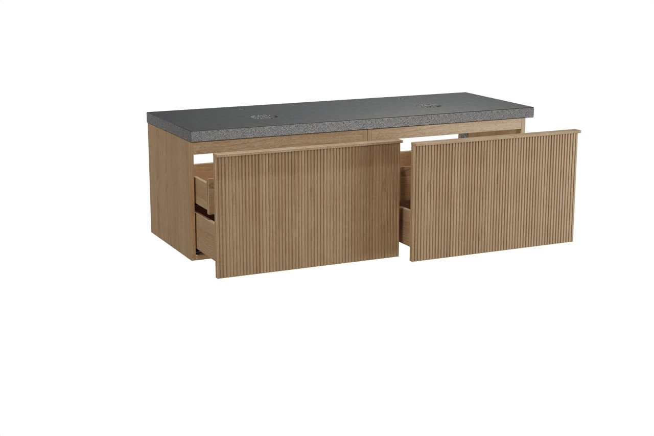 Balmani Forma zwevend badkamermeubel 150 x 55 cm natuur eik met Rock dubbel tablet in graniet zwart, Verticale symmetrische rechte ribbel