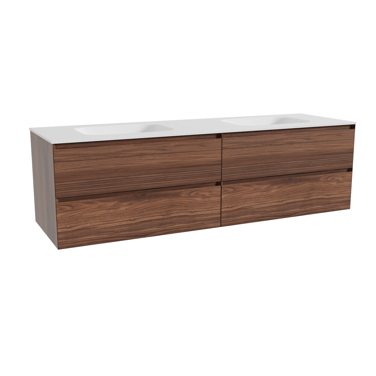 Balmani Mitra zwevend badkamermeubel 180 x 55 cm notelaar met Tablo Arcato dubbele wastafel in solid surface mat wit