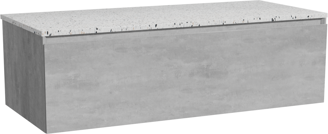 Storke Edge meuble salle de bains suspendu 120 x 52 cm béton gris foncé avec Tavola tablette simple ou double en blanc/noir mat terrazzo