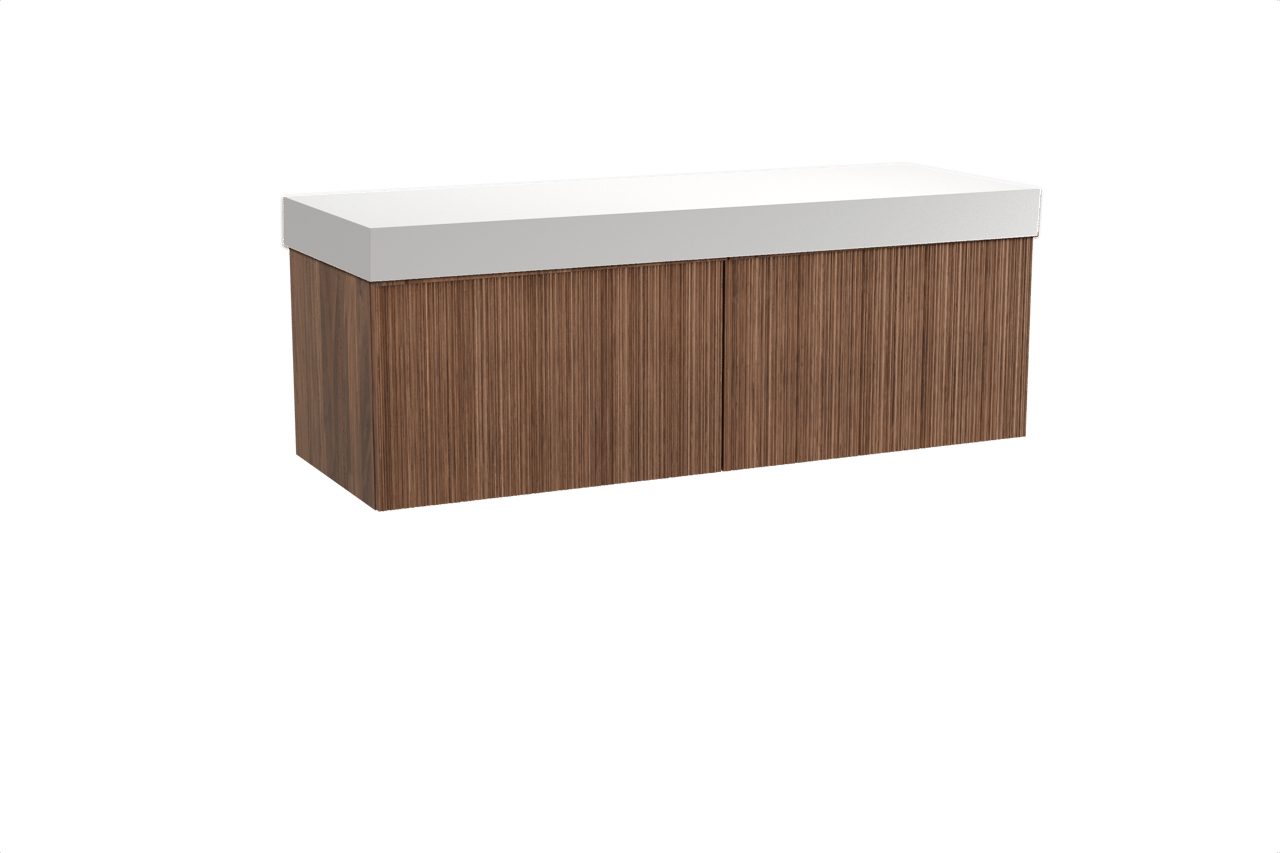 Balmani Forma meuble salle de bains suspendu 150 x 55 cm noyer américain avec Dominus tablette simple ou double en solid surface blanc mat, Nervure circulaire asymétrique verticale