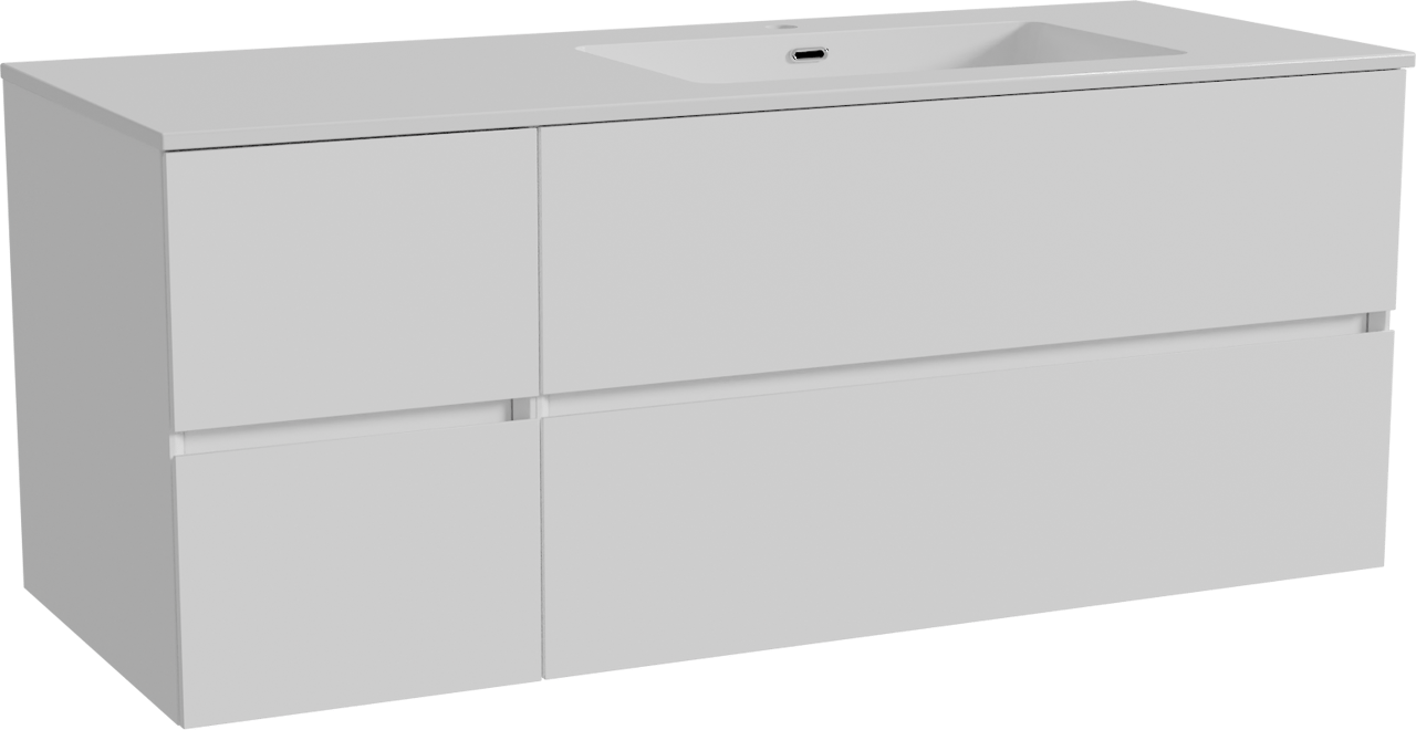 Storke Edge zwevend badmeubel 130 x 52 cm mat wit met Diva asymmetrisch rechtse wastafel in composietmarmer hoogglans wit