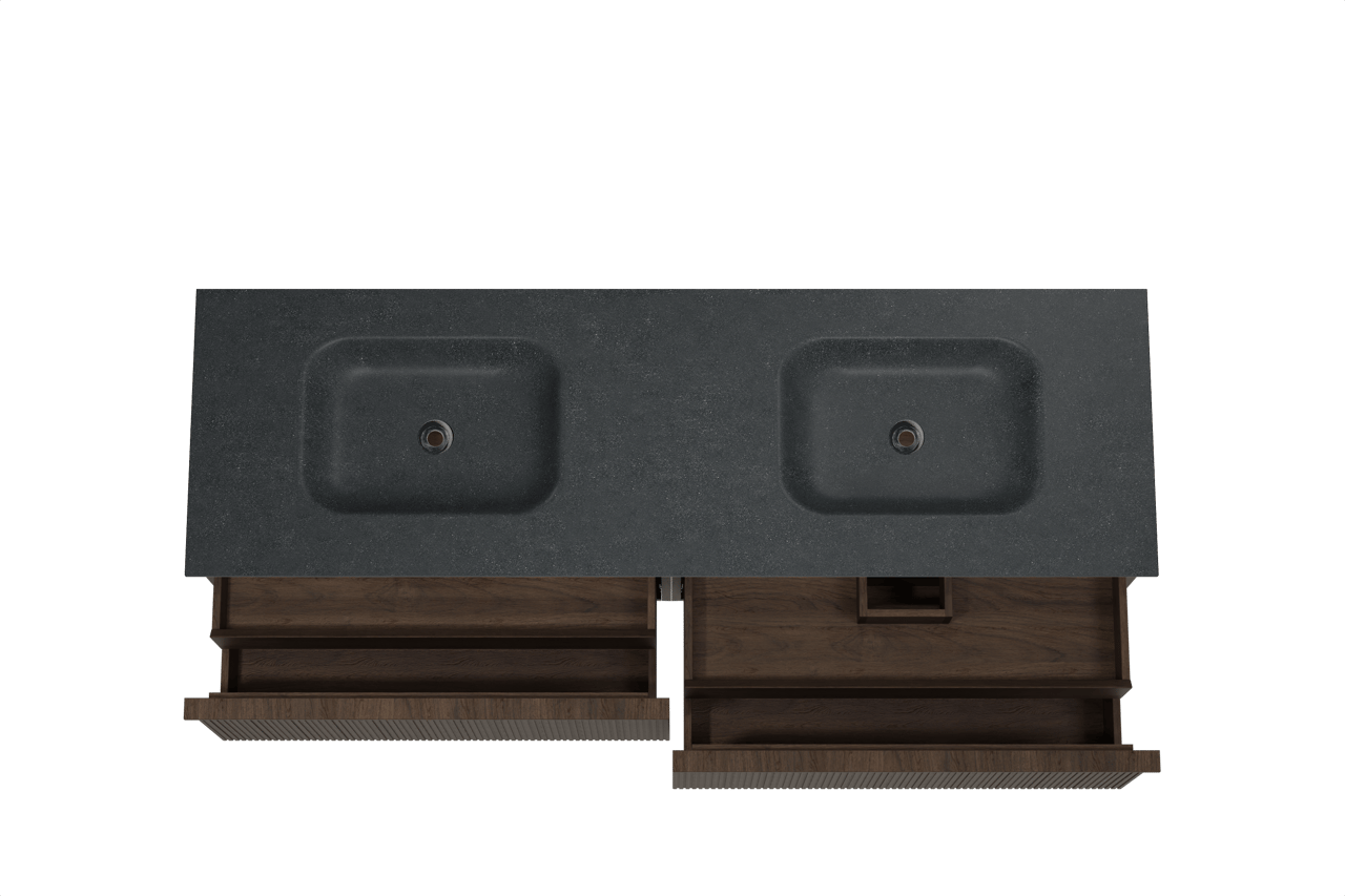 Balmani Forma meuble salle de bains suspendu 180 x 55 cm chêne fumé avec Tablo Arcato double vasque en granit noir, Nervure droite symétrique verticale