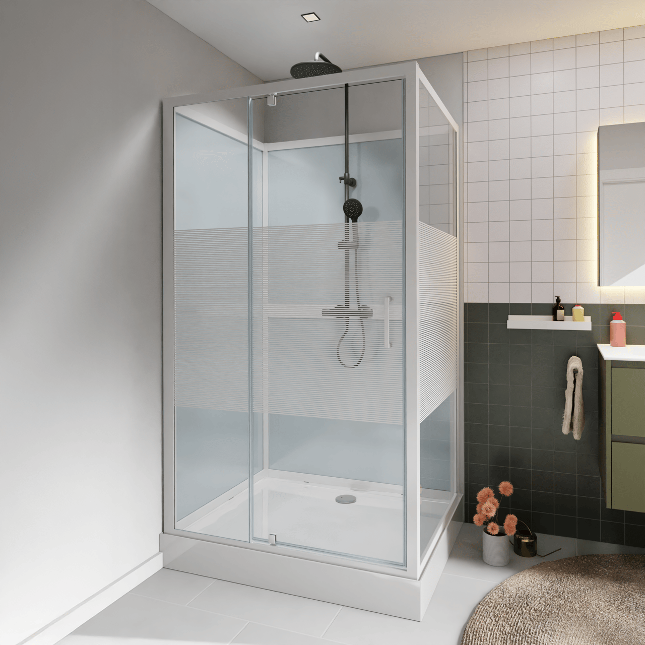 Luca Varess Talan cabine de douche avec portes pivotantes 90 x 120 cm verre transparent avec bande mate rayée profil blanc brillant