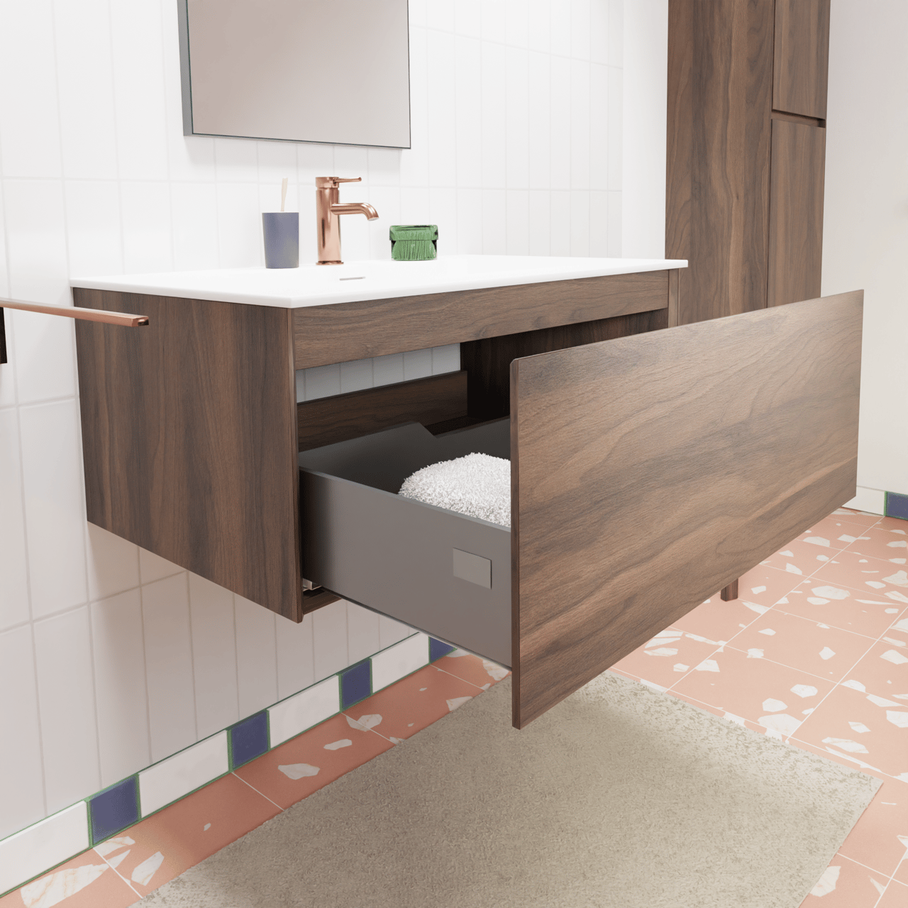 Storke Edge meuble salle de bains suspendu 85 x 52 cm noyer avec Mata plan simple en solid surface blanc mat