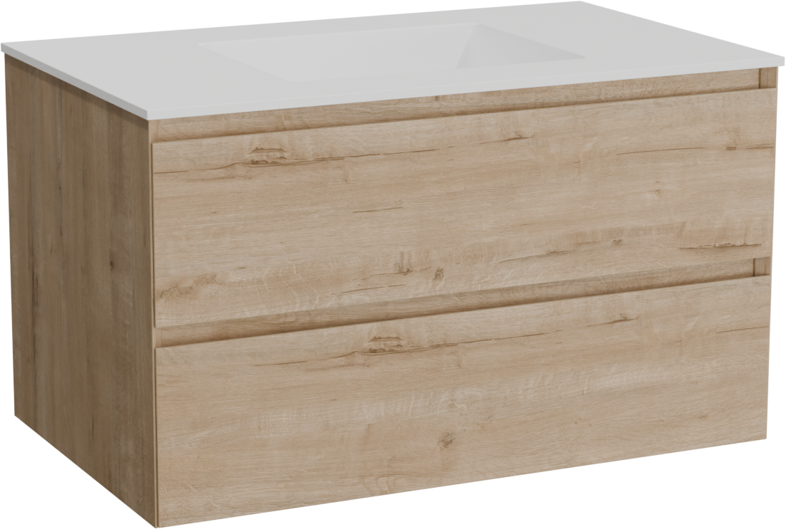 Balmani Mitra meuble salle de bains suspendu 90 x 55 cm chêne brut avec Tablo Stretto plan simple en solid surface blanc mat