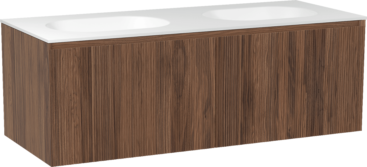 Balmani Fila hängendes Möbelstück Set: 135 x 55 cm, Nussbaum, mit Tablo Oval Doppelwaschtisch, Solid Surface, Weiß matt, Vertikale symmetrische gerade Rippe