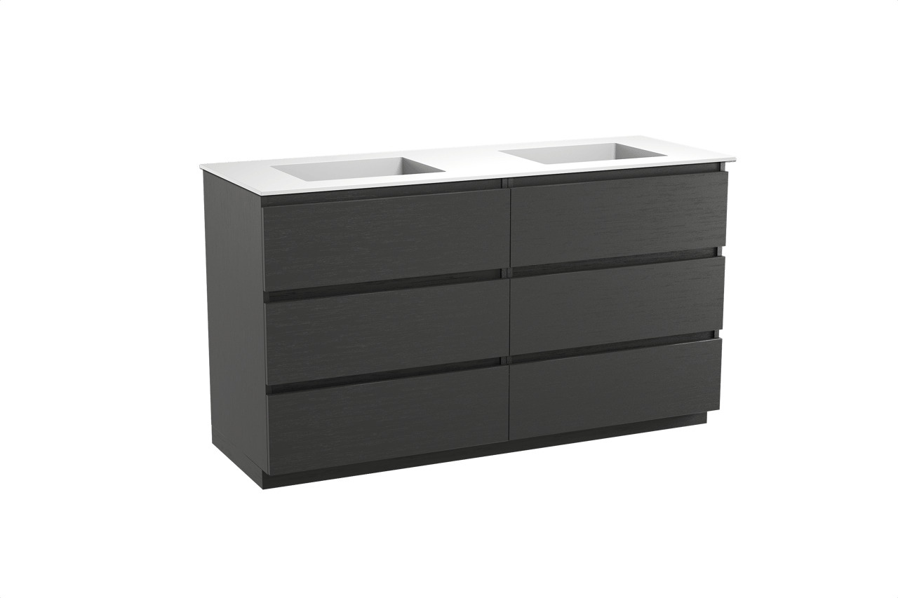 Balmani Lucida meuble salle de bains à poser 150 x 55 cm chêne noir avec Tablo Stretto double vasque en solid surface blanc mat