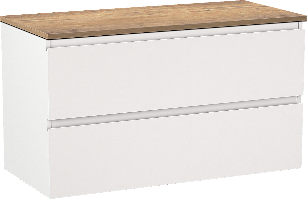 Linie Lado hängendes Möbelstück Set: 100 x 46 cm, Weiß matt, mit Lado Einzel- oder Doppel Waschtischplatte, Melamin Naturbelassene Eiche