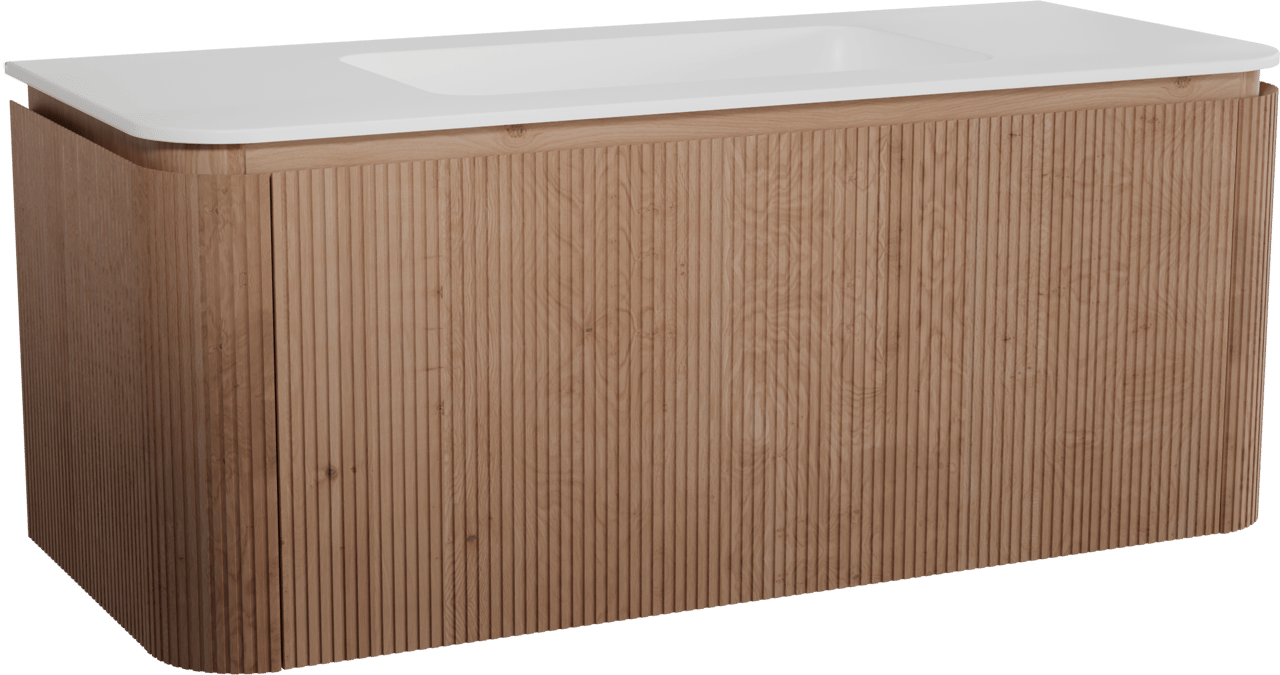 Balmani Moon zwevend badmeubel 130 x 55 cm naturel eiken met Moon enkele wastafel in solid surface mat wit, Verticale symmetrische rechte ribbel