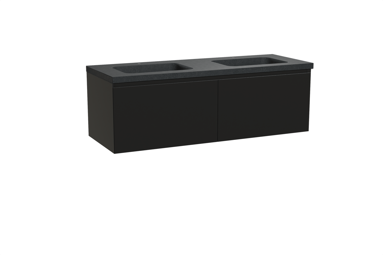 Balmani Idra hängendes Möbelstück Set: 150 x 55 cm, Schwarz matt, mit Napoli Doppelwaschtisch, Schwarzes Granit