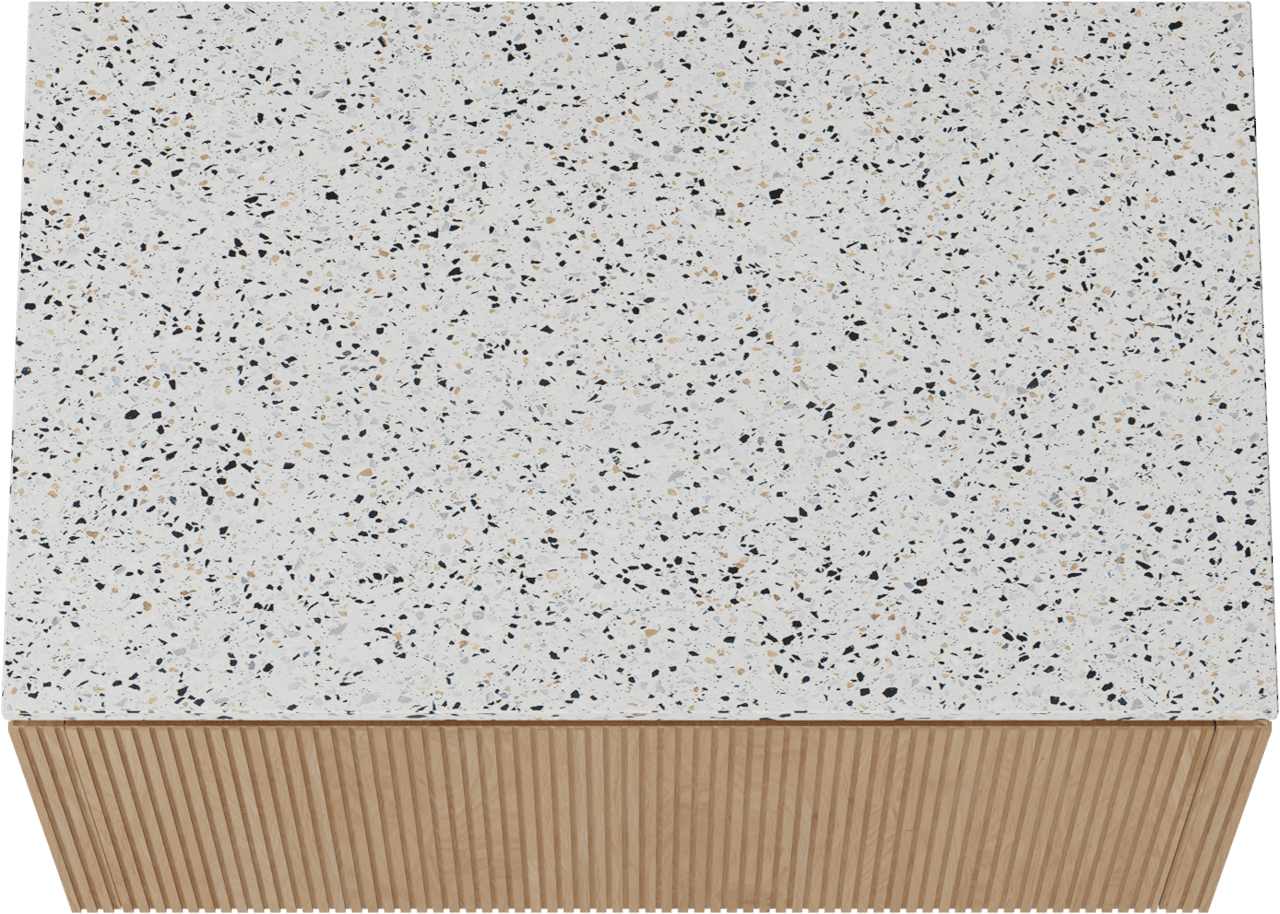 Balmani Eclips zwevend badkamermeubel 90 x 55 cm Natuur eik met Stretto enkel tablet in Bianco Nero Terrazzo, Verticale symmetrische rechte ribbel