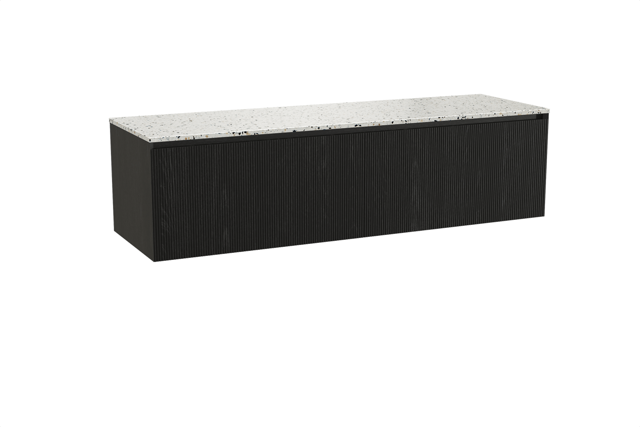 Balmani Fila hängendes Möbelstück Set: 180 x 55 cm, Schwarze Eiche, mit Stretto Einzel- oder Doppel Waschtischplatte, Terrazzo in Weiß/Schwarz matt, Vertikale symmetrische gerade Rippe