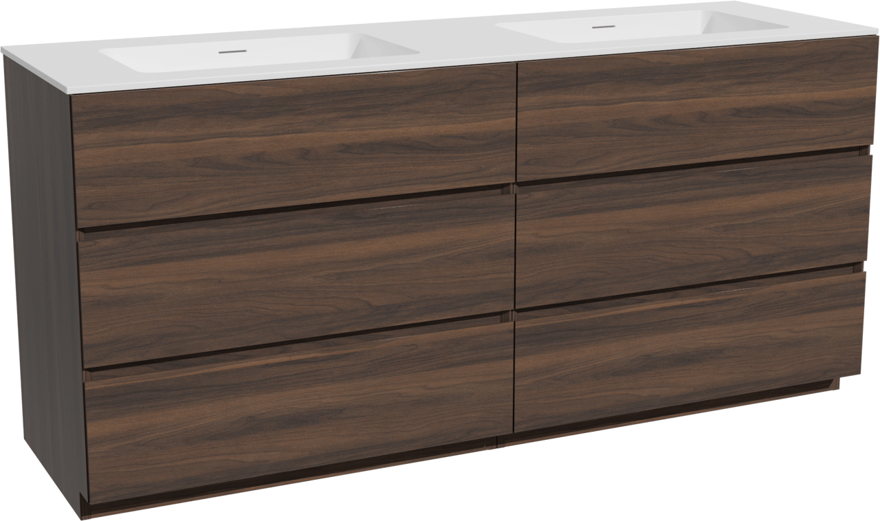 Storke Edge staand badkamermeubel 170 x 52 cm notelaar met Mata dubbele wastafel in solid surface mat wit