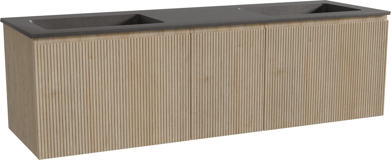 Storke Ribs meuble salle de bains suspendu 165 x 52 cm chêne brut avec Scuro double vasque en quartz noir mat, Nervure droite symétrique verticale