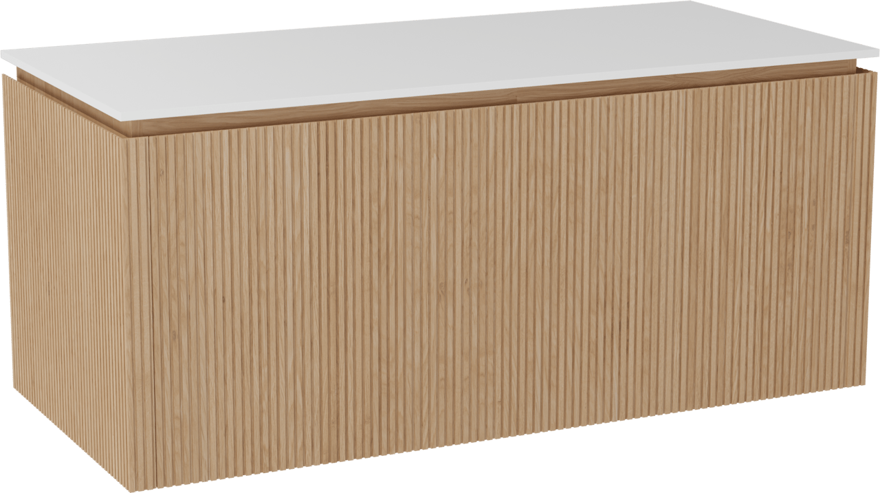 Balmani Eclips meuble salle de bains suspendu 120 x 55 cm Chêne naturelle avec Stretto tablette simple ou double en Solid Surface blanc mat, Nervure droite symétrique verticale