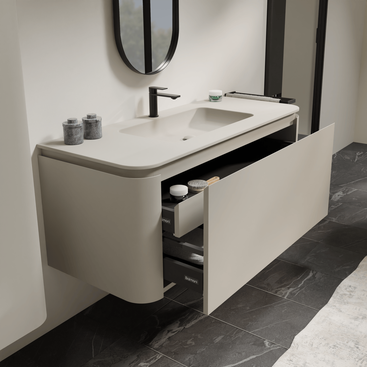 Balmani Moon meuble salle de bains suspendu 130 x 55 cm soie grise avec Moon plan simple en top solid soie grise