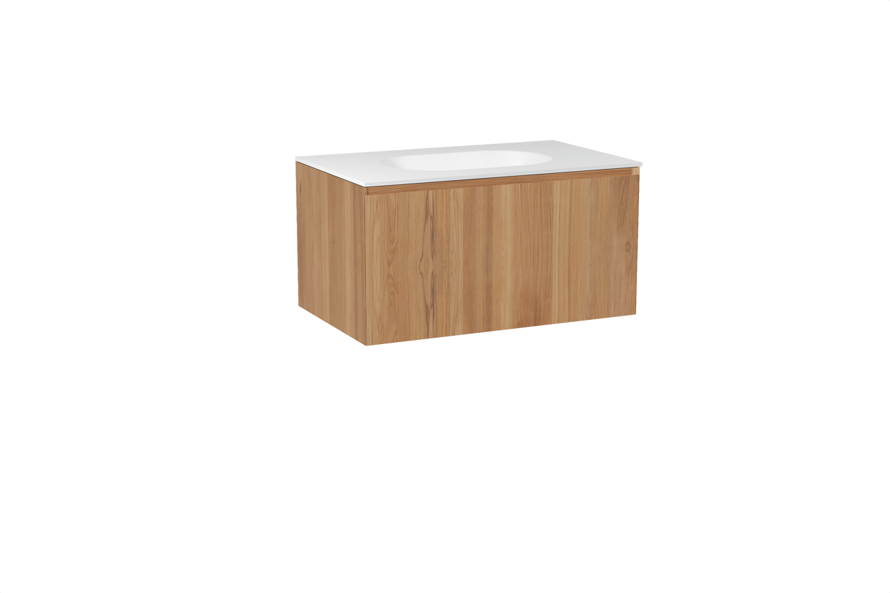 Balmani Idra zwevend badkamermeubel 90 x 55 cm teak met Tablo Oval enkele wastafel in solid surface mat wit