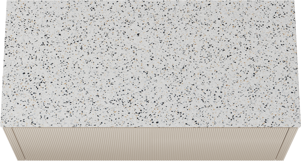 Balmani Eclips hängendes Möbelstück Set: 120 x 55 cm, Sandbeige, mit Stretto Einzel- oder Doppel Waschtischplatte Bianco Nero Terrazzo, Vertikale symmetrische gerade Rippe