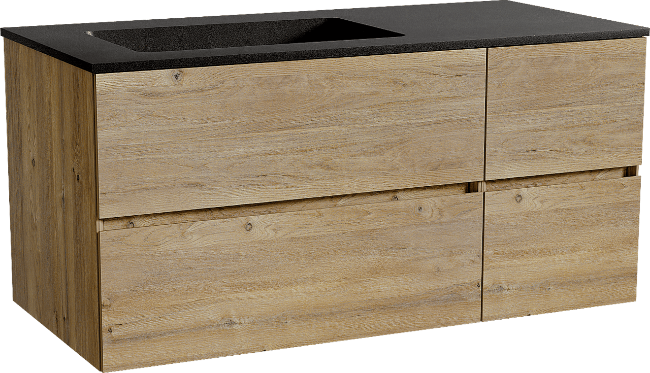 Storke Edge hängendes Möbelstück Set: 110 x 52 cm, Rohe Eiche, mit Scuro Waschtisch links, Quarz Schwarz matt