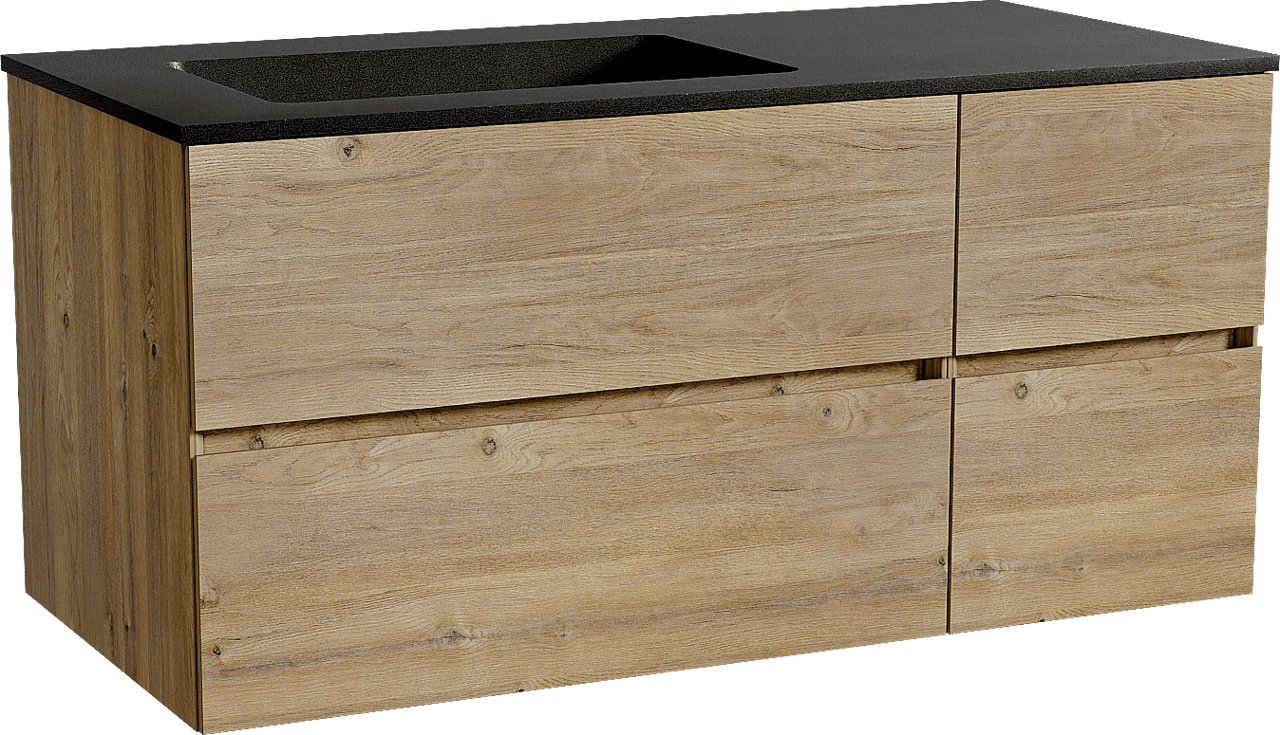 Storke Edge meuble salle de bains suspendu 110 x 52 cm chêne brut avec Scuro plan vasque asymétrique à gauche en quartz noir mat