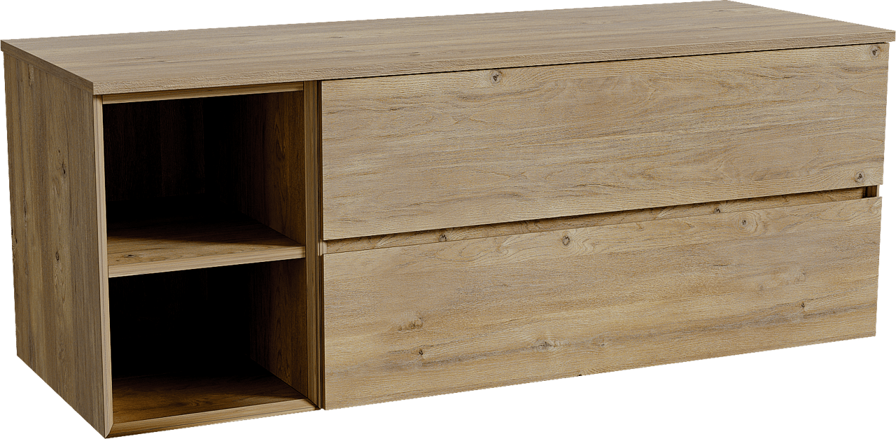 Storke Edge zwevend badkamermeubel 140 x 52 cm ruwe eik met Panton enkel of dubbel tablet in melamine ruwe eik