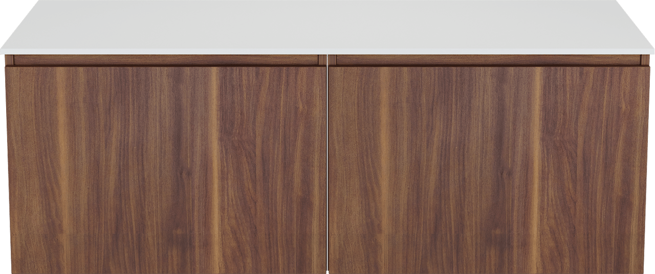 Balmani Sfera zwevend badmeubel 135 x 55 cm amerikaans notenhout met Stretto enkel of dubbel wastafelblad in solid surface mat wit