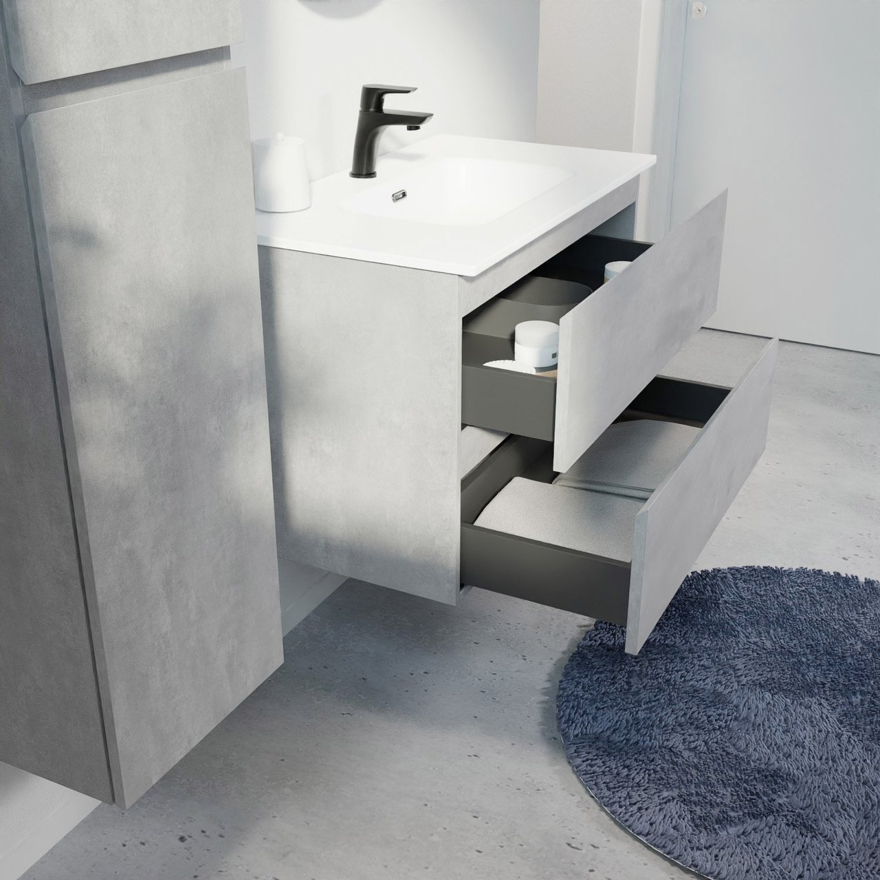 Linie Lado zwevend badmeubel 80 x 46 cm beton donkergrijs met Baro enkele wastafel in porselein mat wit