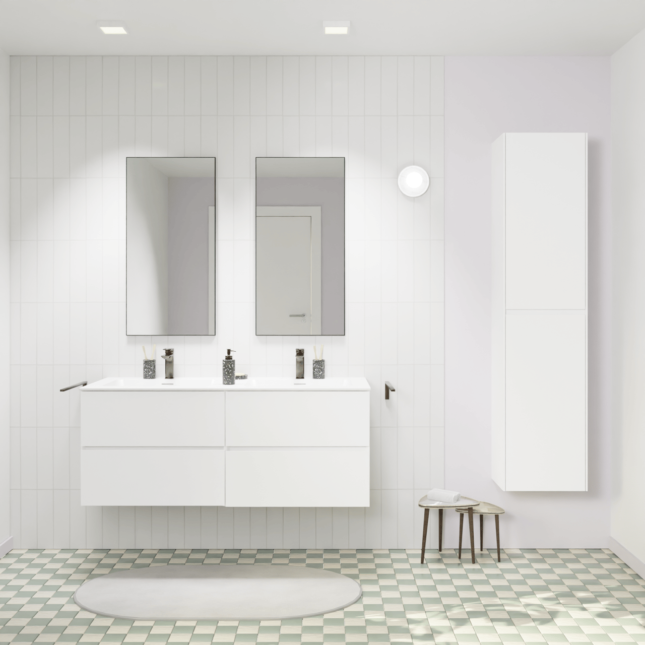 Storke Edge hängendes Möbelstück Set: 130 x 52 cm, Weiß matt, mit Mata Doppelwaschtisch, Solid Surface Weiß matt