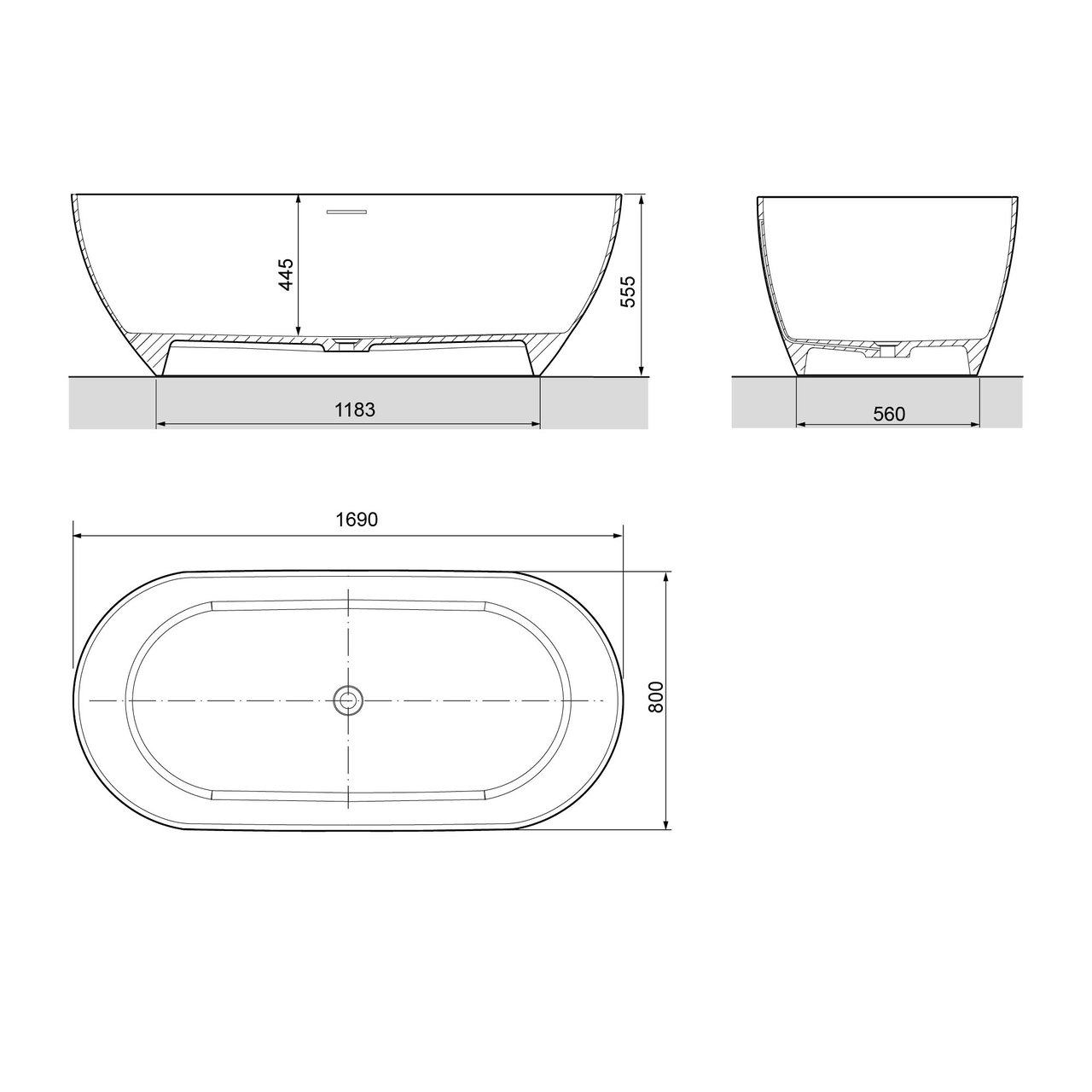 Luca Varess Monterosi oval freistehende Badewanne, 169 x 80 cm, Solid Surface, weiß matt