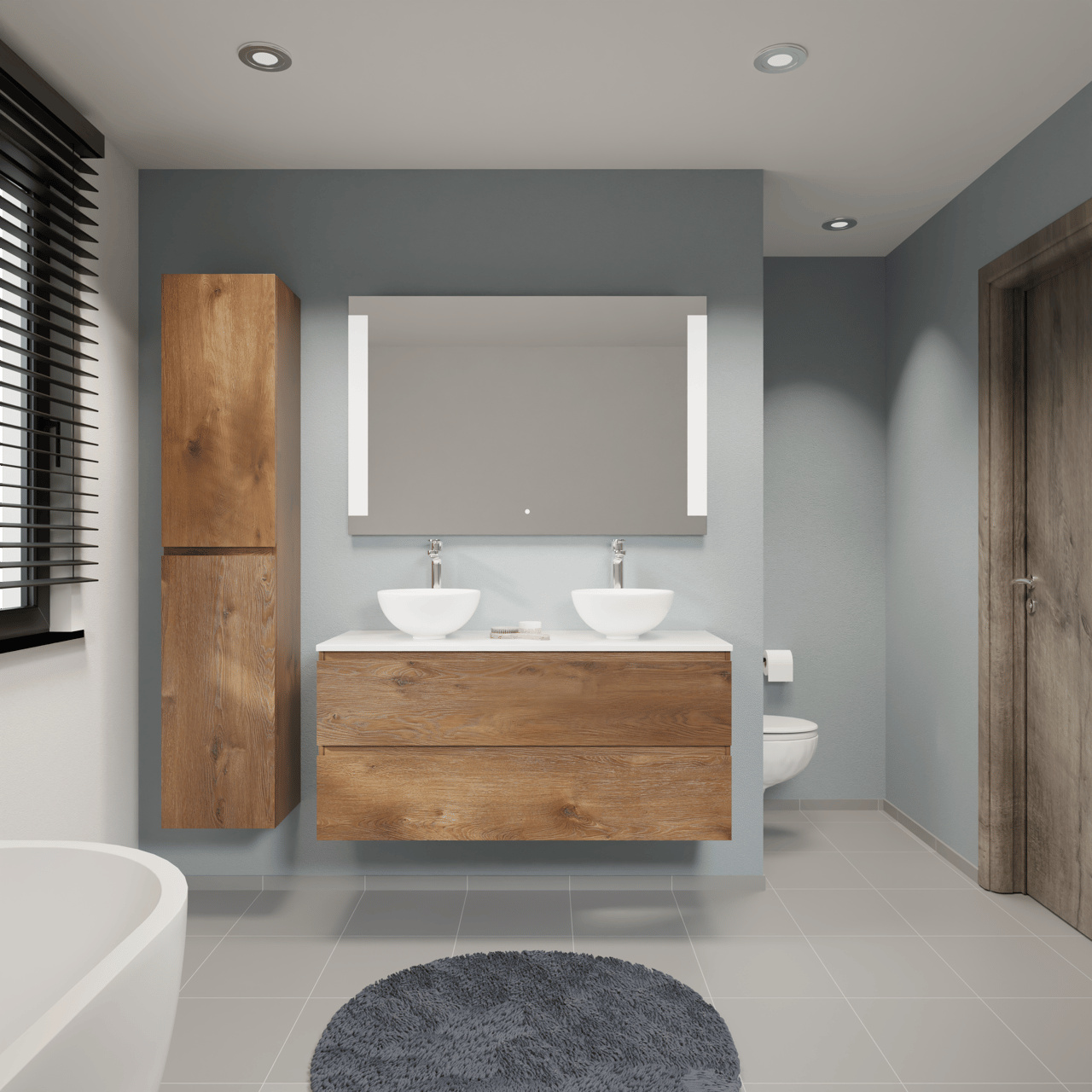 Linie Lado meuble salle de bains suspendu 120 x 46 cm chêne brun avec Lado tablette double en marbre composite blanc brillant