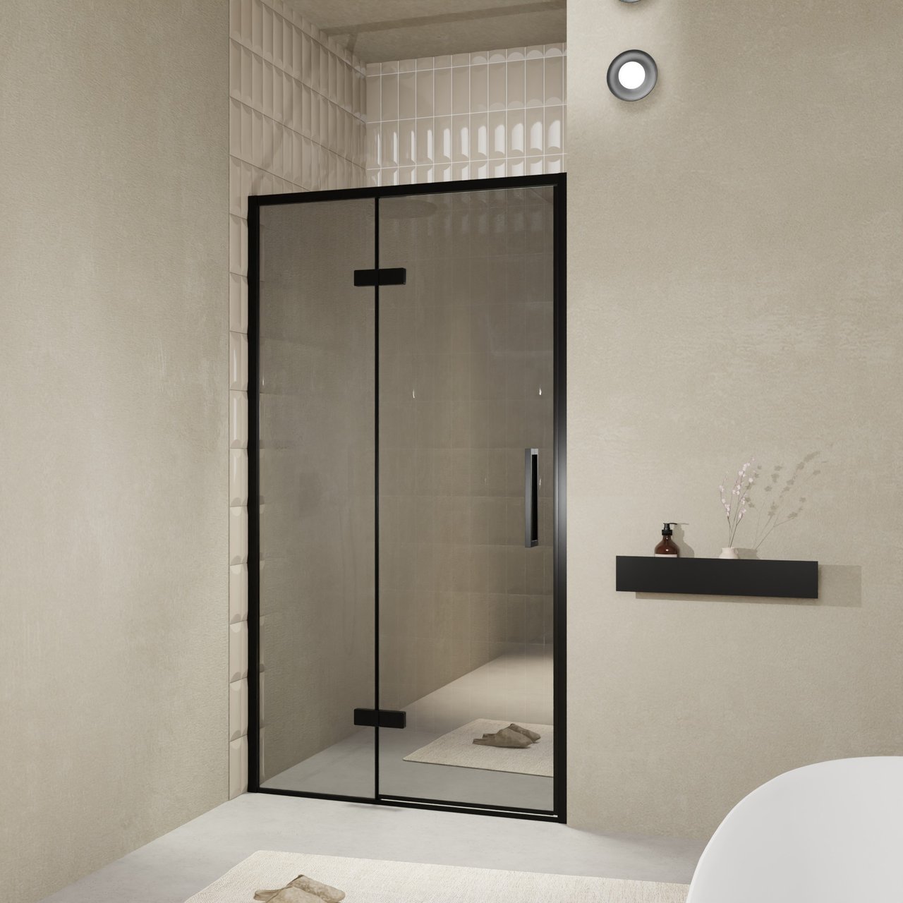 Balmani Senses Design porte pivotante à gauche 120 cm x 210 cm verre Miroir Reflex, Profil noir, coating inclus