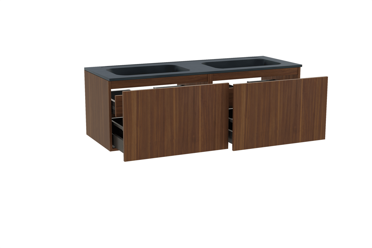 Balmani Sfera zwevend badkamermeubel 150 x 55 cm amerikaanse notelaar met Tablo Strada dubbele wastafel in composietmarmer mat zwart