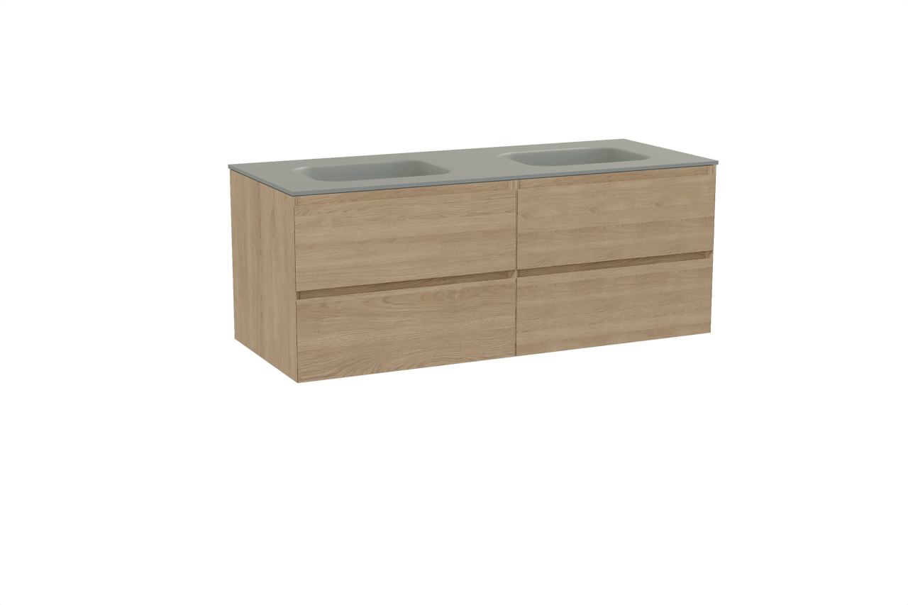 Balmani Mitra zwevend badkamermeubel 135 x 55 cm natuur eik met Tablo Arcato dubbele wastafel in solid surface steengrijs