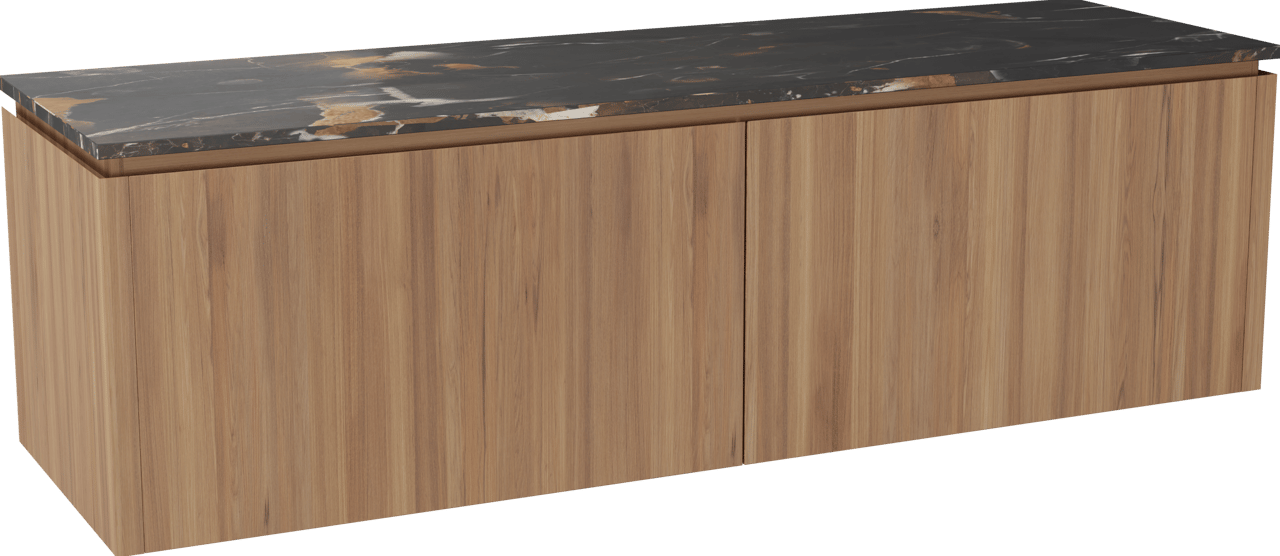 Balmani Eclips hängendes Möbelstück Set: 180 x 55 cm, Teak, mit Stretto Einzel- oder Doppel Waschtischplatte Portoro Gold Marmor