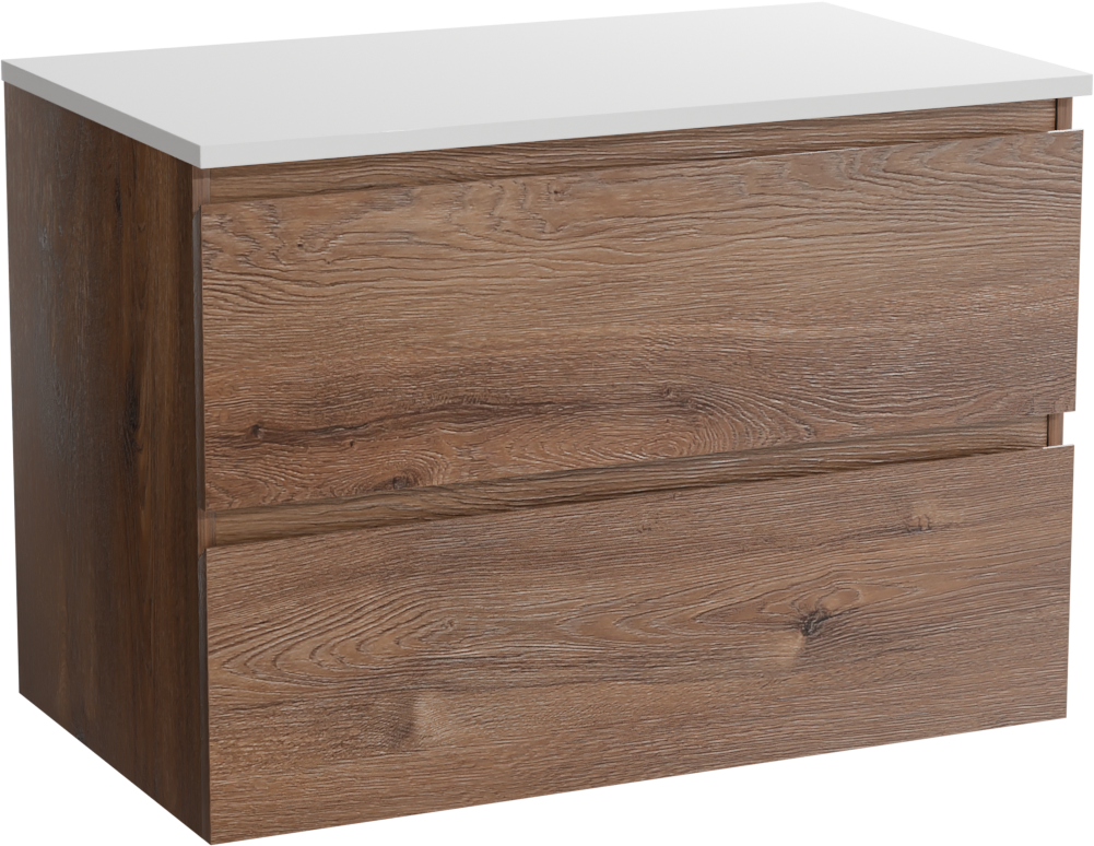 Linie Lado hängendes Möbelstück Set: 80 x 46 cm, Braune Eiche, mit Lado Einzel Waschtischplatte, Marmorkomposit Weiß matt