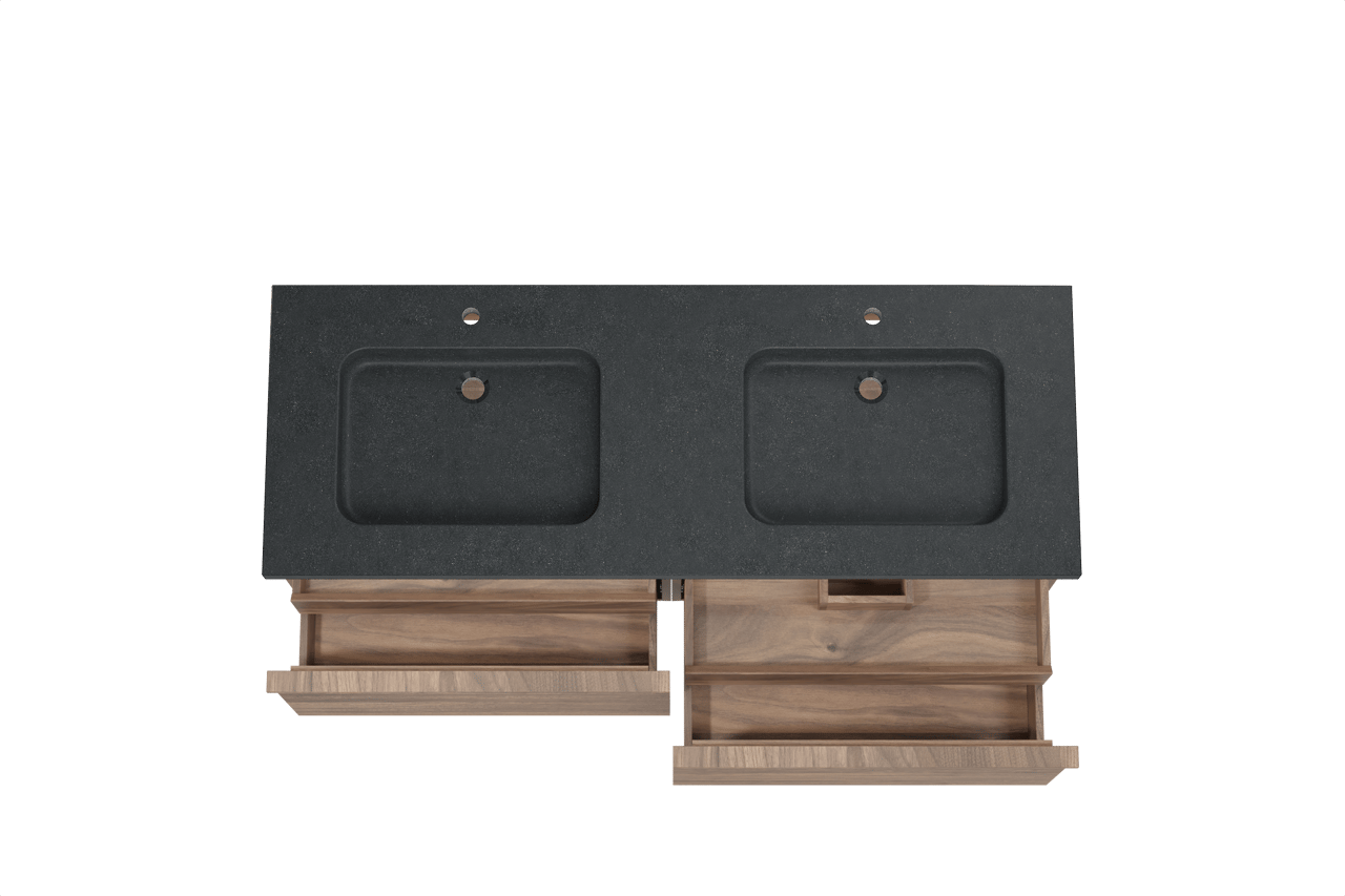 Balmani Forma hängendes Möbelstück Set: 150 x 55 cm, Amerikanischer Nussbaum, mit Napoli Doppelwaschtisch, Granit, Schwarzes Granit, Horizontale symmetrische gerade Rippe