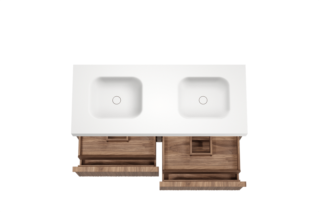 Balmani Forma zwevend badkamermeubel 135 x 55 cm amerikaanse notelaar met Arcato dubbele wastafel in solid surface mat wit, Verticale asymmetrische ronde ribbel