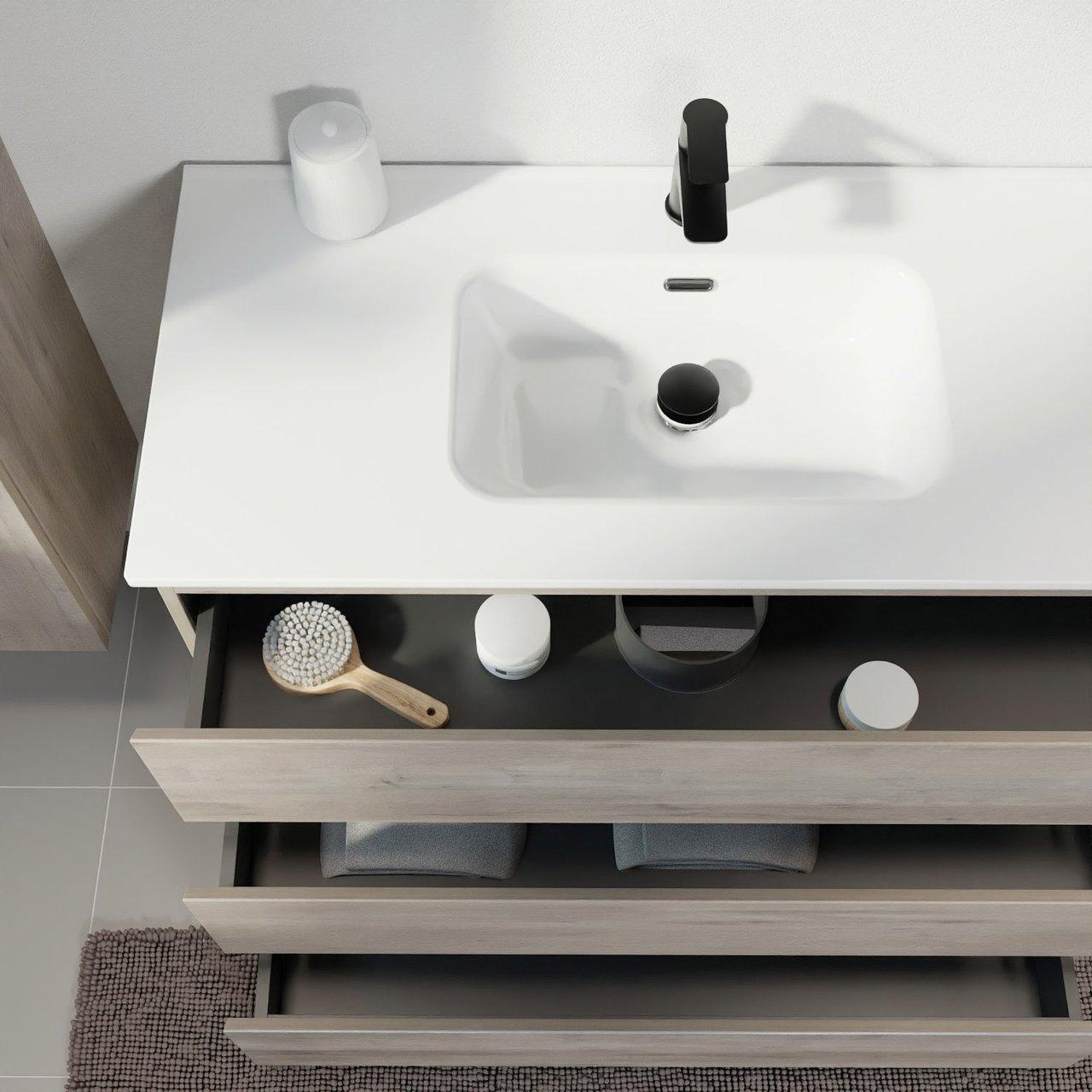 Linie Lado staand badmeubel 120 x 46 cm grijs eiken met Baro dubbele wastafel in porselein hoogglans wit