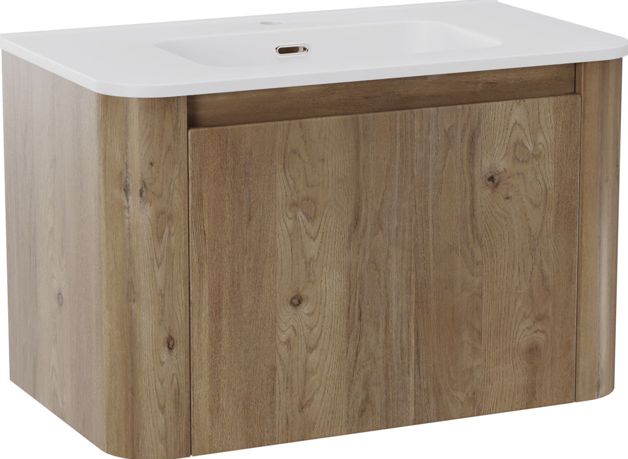 Storke Soft hängendes Möbelstück Set: 80 x 46 cm, Eiche rau, mit Kera Soft Einzelwaschtisch Keramik Weiβ matt
