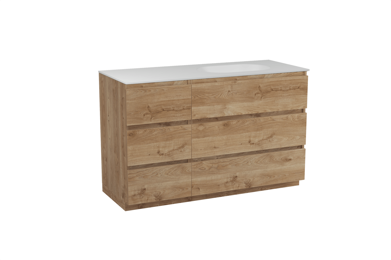 Balmani Lucida freistehendes Möbelstück Set: 135 x 55 cm, Rohe Eiche, mit Tablo Oval Waschtisch rechts, Solid Surface Weiß matt