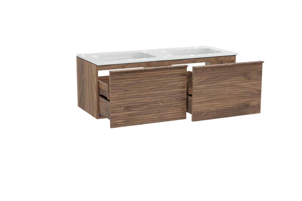 Balmani Forma zwevend badkamermeubel 135 x 55 cm amerikaanse notelaar met Tablo Strada dubbele wastafel in composietmarmer glanzend wit, Horizontale symmetrische rechte ribbel