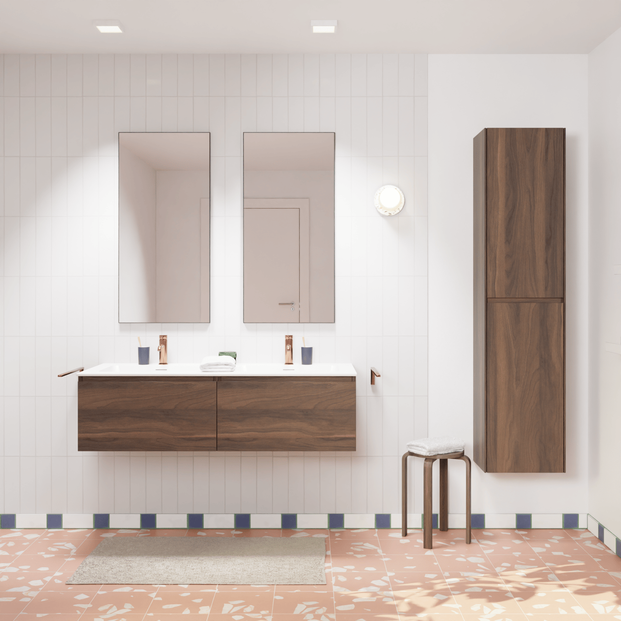 Storke Edge zwevend badkamermeubel 130 x 52 cm notelaar met Mata dubbele wastafel in solid surface mat wit