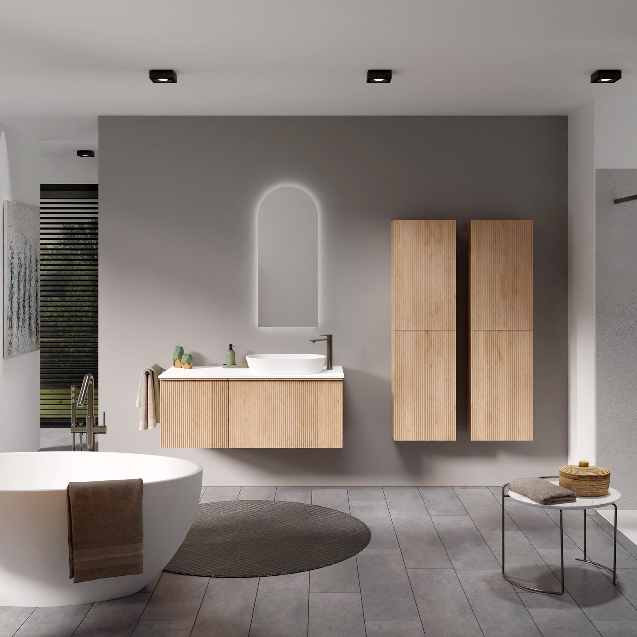 Balmani Forma meuble salle de bains suspendu 120 x 55 cm chêne naturel avec Stretto tablette simple ou double en solid surface blanc mat, Nervure droite symétrique verticale